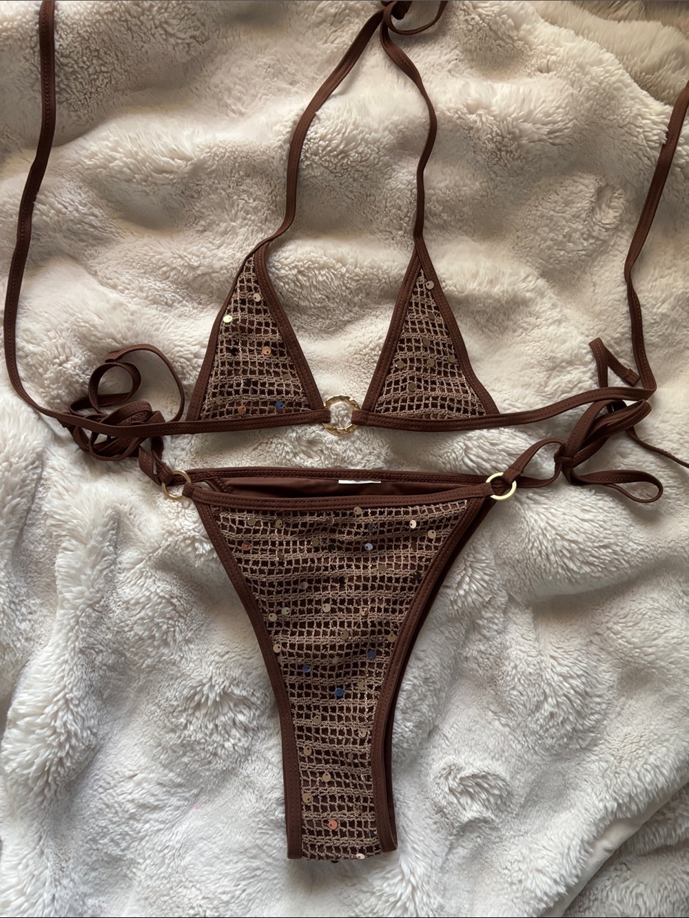Brown Crochet Sequin Triangle Bikini Set